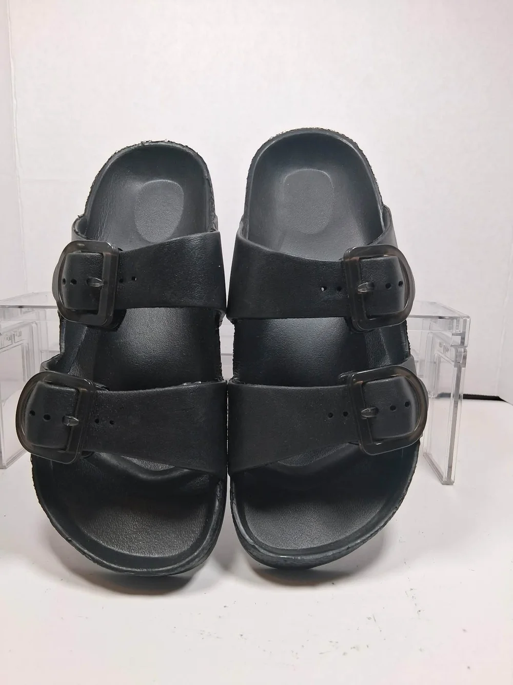 Men's Black Double Buckle Slide Sandals Adjustable Straps Synthetic US 7